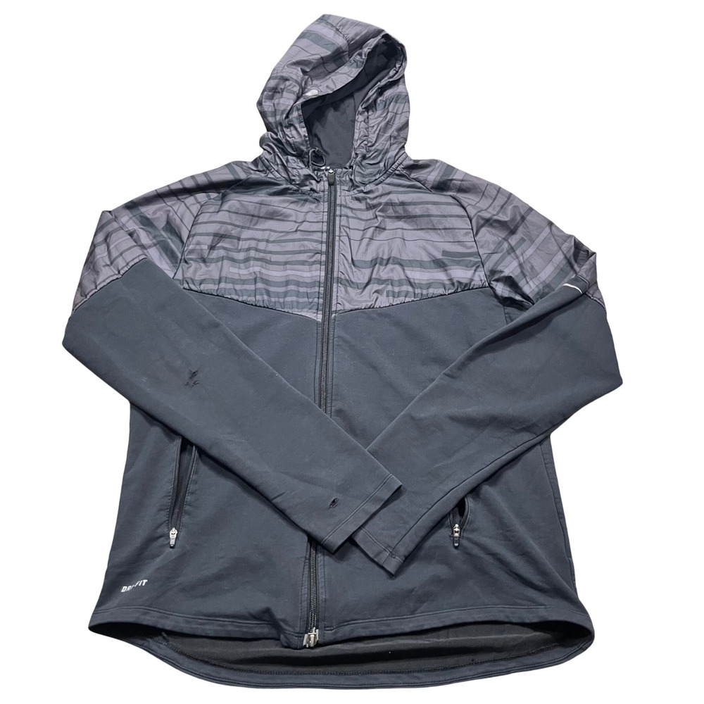 Nike Running Dri-FIT Mens Large Full Zip Hooded Jacket Black Gray Striped Hybrid